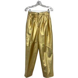 Vakko Vintage 80s Womens Leather Pants 6 Gold Pleated Straight Leg Trousers